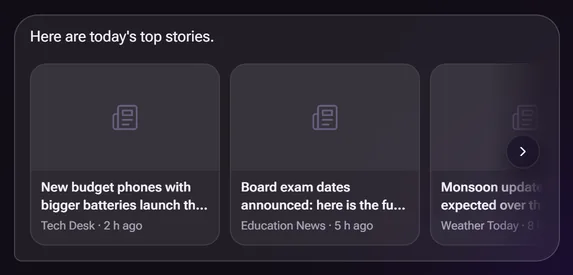 Eon live news headlines card with fresh web info, Glass look