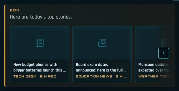 Eon live news headlines card with fresh web info, Jarvis look