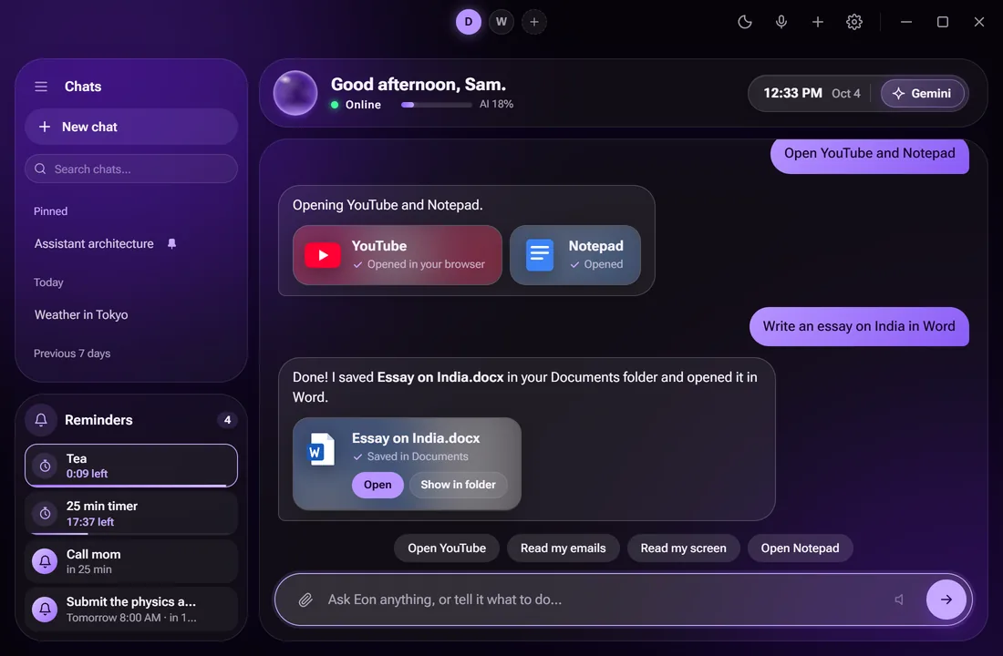 The Eon app: chat with opened-app and saved-document cards, Glass look