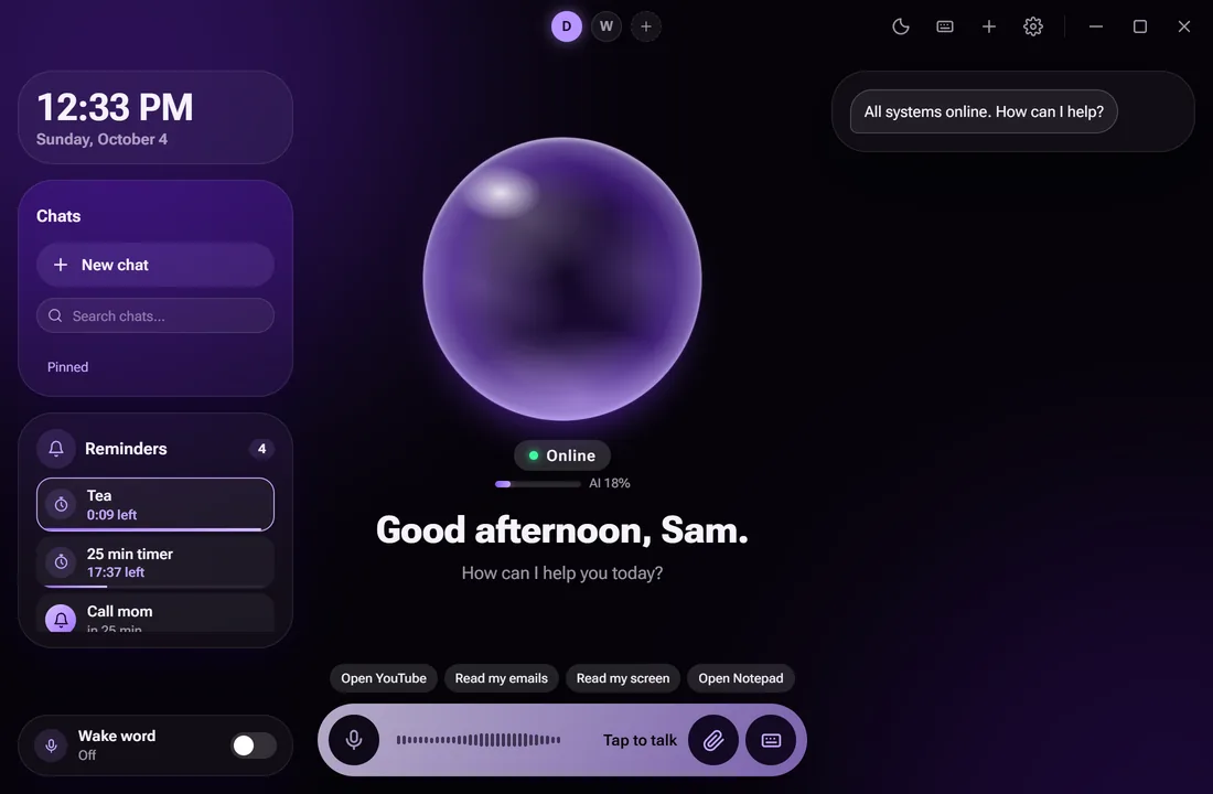 The Eon app in voice mode with purple liquid orb, Glass look
