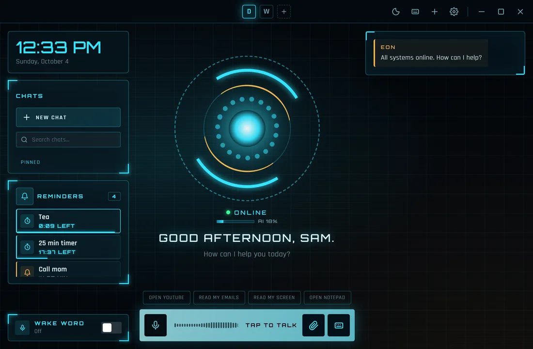 The Eon app in voice mode with glowing cyan arc reactor, Jarvis look